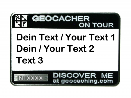 Trackbares Geocaching Namensschild schwarz mit deinem Text