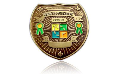 Geocaching Ortungsdienst Badge Antik Gold