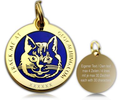 Cacher's Cat Geocoin Polished Gold BLUE