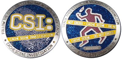 CSI Geocoin Antique Silver Blue Glitter