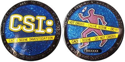 CSI Geocoin Black Nickel Blue Glitter