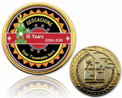 15 Years Geocaching Geocoin with your teamname Gold