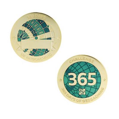 Challenges Geocoin + Tag Set (2 Trackables) - 365 Days of Geocaching