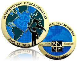 International Geocaching Day Geocoin Poliertes Gold