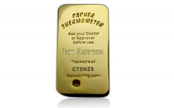 Cacher Thermometer Geocoin -WITH ENGRAVING- Polished Gold